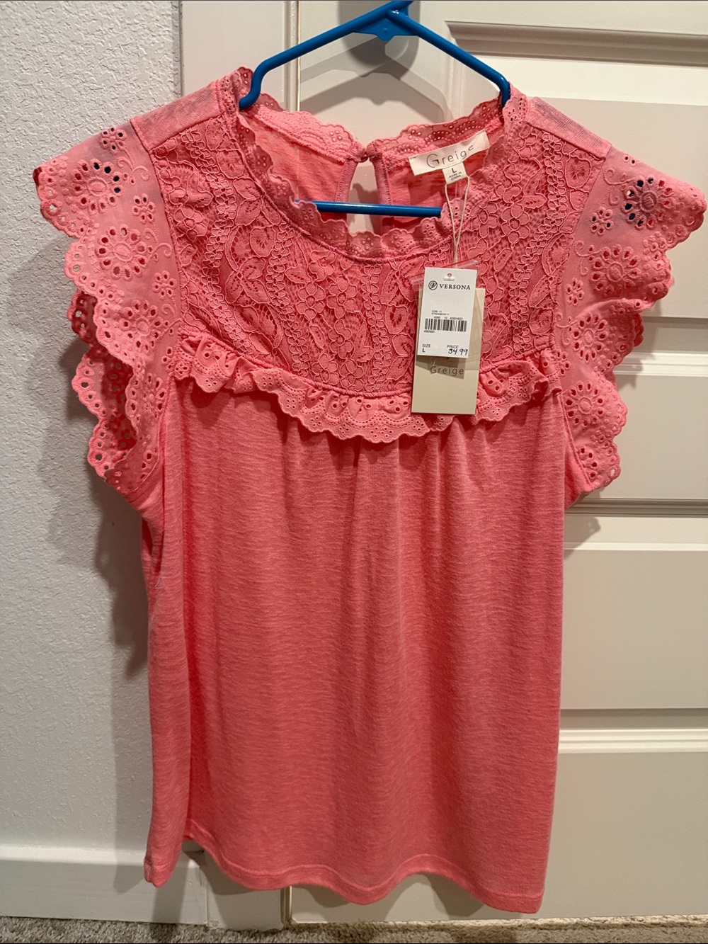 Coral Lace Yoke Flutter Sleeve Top